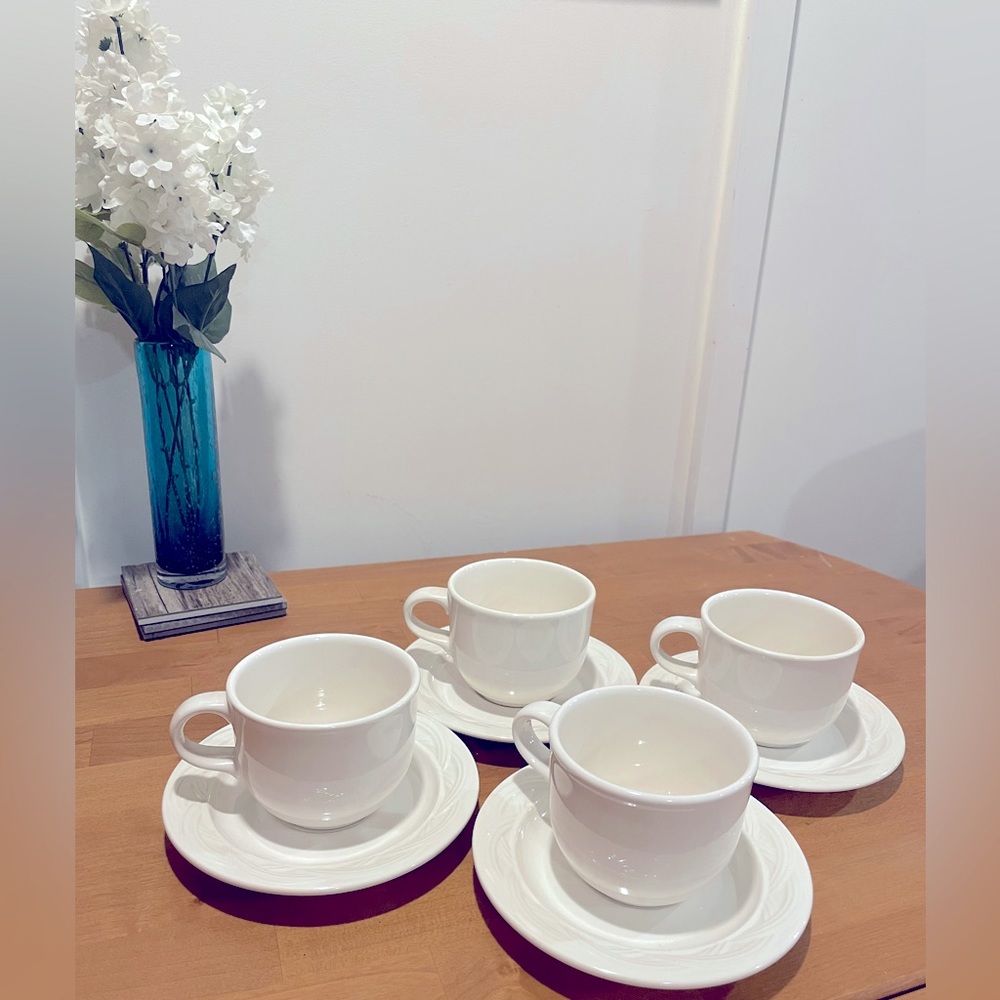 Classic White Pfaltzgraff Cup and Saucer Stoneware Set of 4, Acadia White